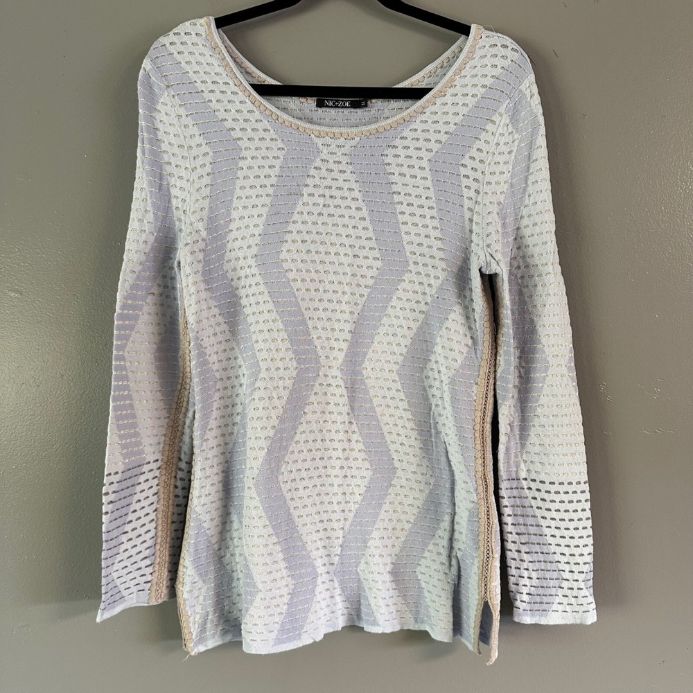 Nic+Zoe Wide Neck Long Sleeve Eyelet Top | Blue + Tan